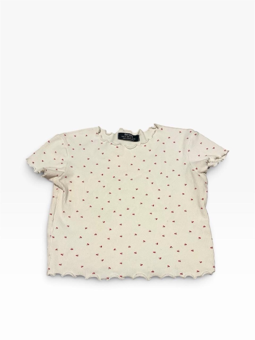 Bershka Pointelle Lettuce Trim Cherry Print Baby Tee Size S
Vintage 2000s Bershk